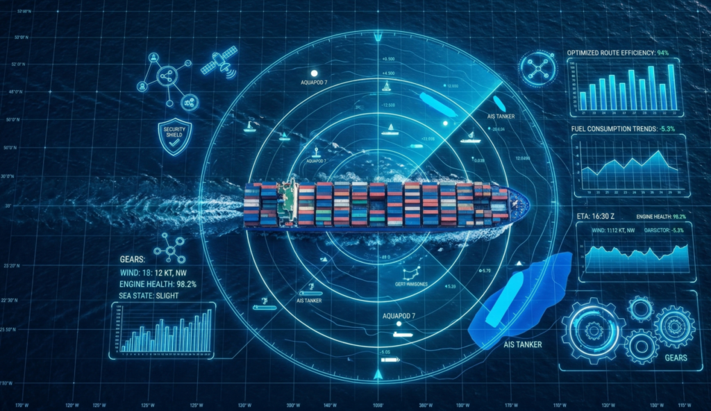 Illustrazione digitale di una nave portacontainer al centro di un radar, con grafici di navigazione
