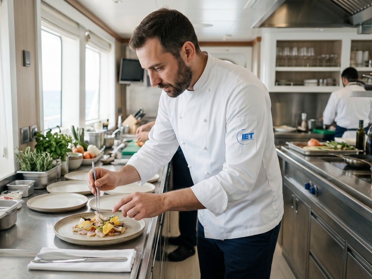 Uno chef impiatta con la pinzetta nella cucina di uno yacht, con il logo IET sulla manica