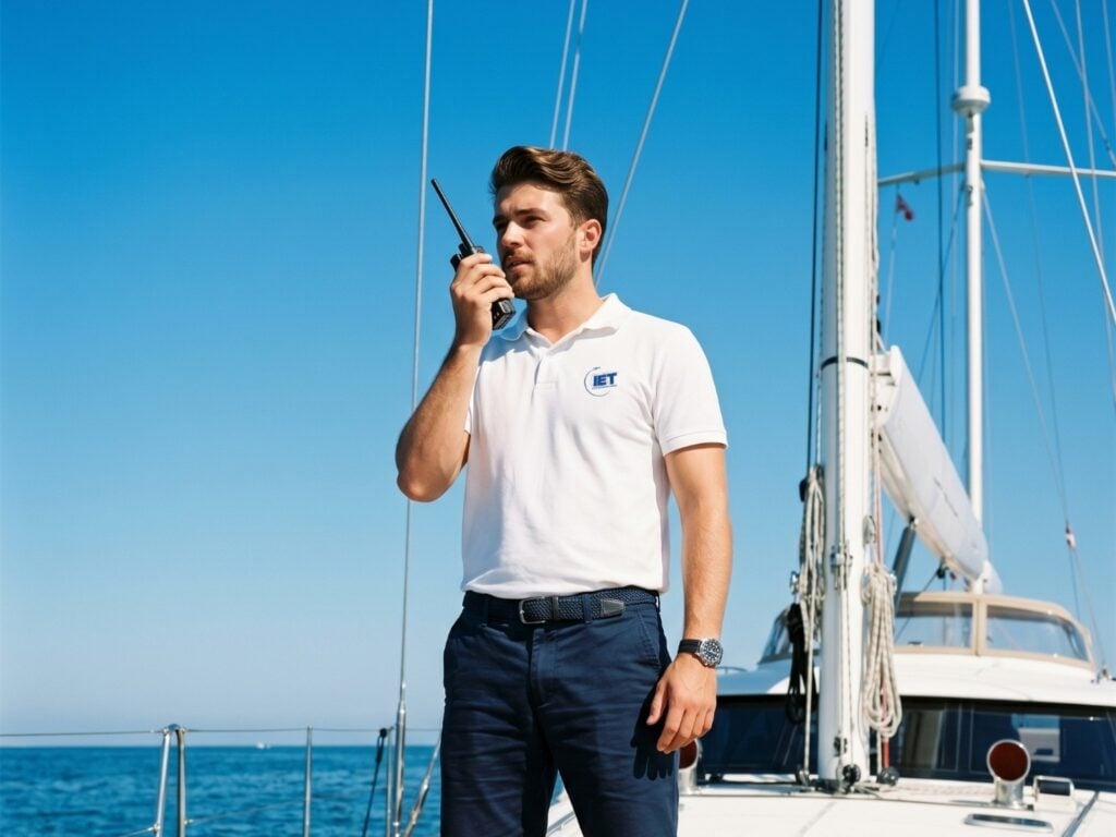 Un marinaio con la polo IET parla alla radio sul ponte di una barca a vela