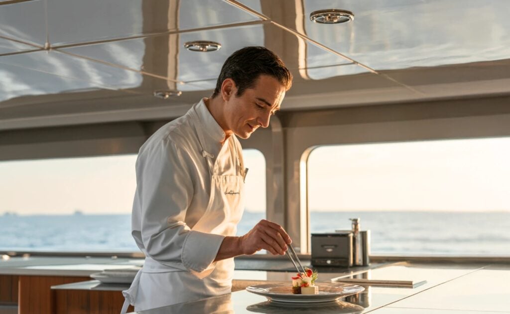 Uno chef impiatta un dessert con la pinzetta nella cucina di uno yacht, con il mare al tramonto alle spalle