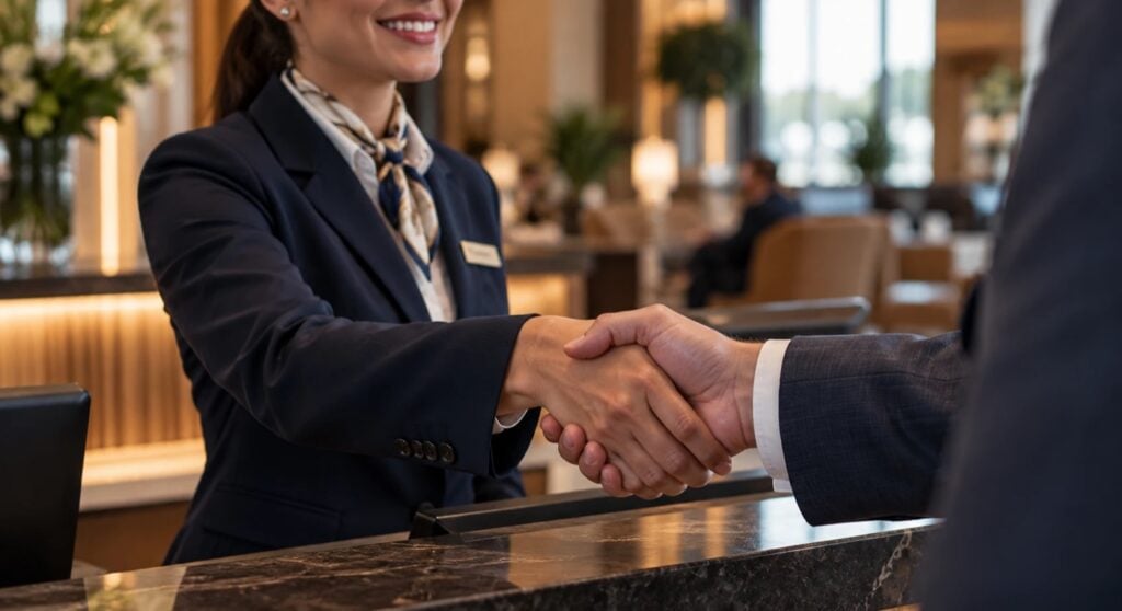 Una receptionist in divisa stringe la mano a un ospite al banco di un hotel di lusso