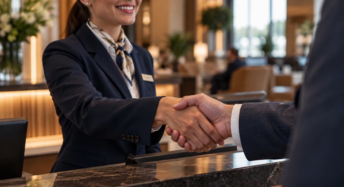 Una receptionist in divisa stringe la mano a un ospite al banco di un hotel di lusso
