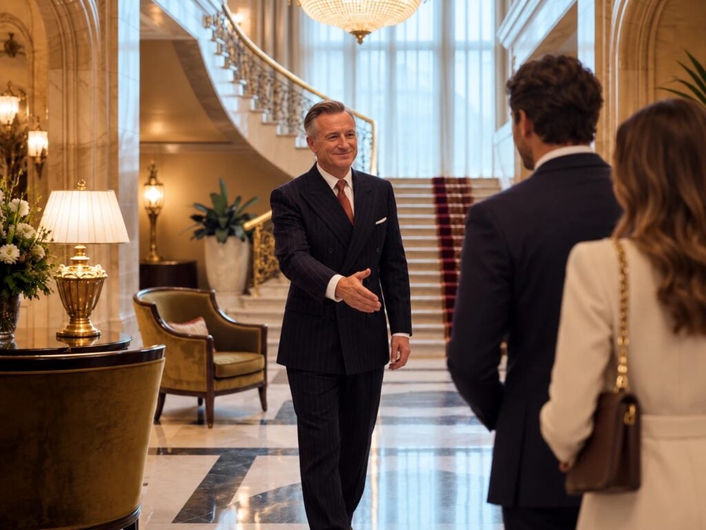 Un responsabile del ricevimento in abito gessato accoglie con la mano tesa una coppia nella hall di un grand hotel