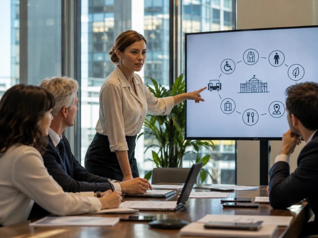 Una manager indica le icone dell'accessibilità su uno schermo durante una riunione con tre colleghi