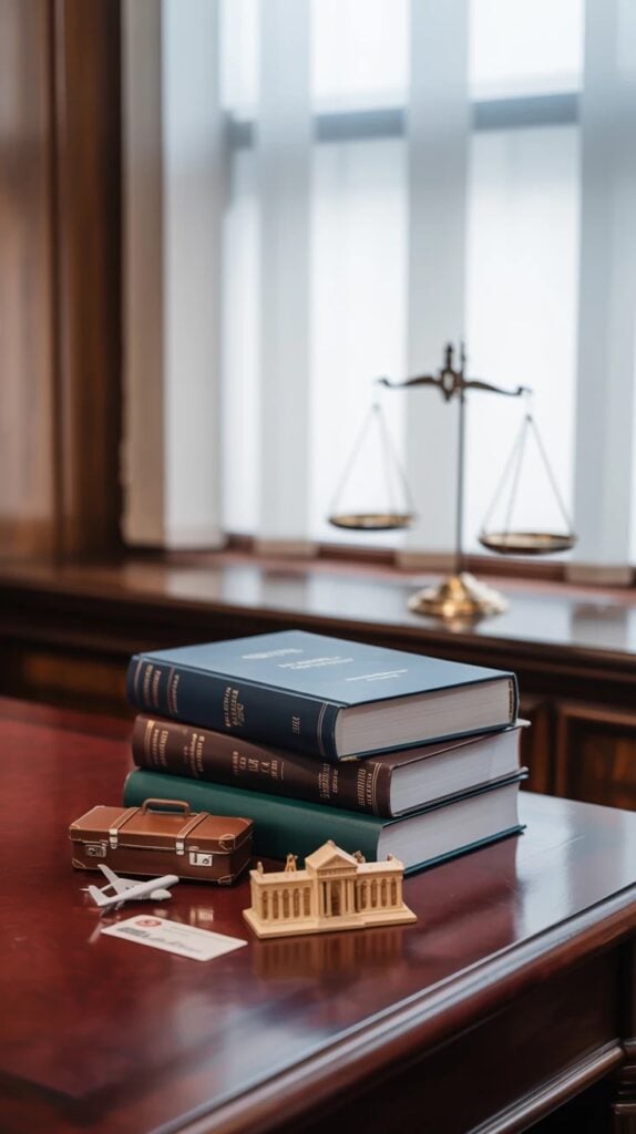 Libri di diritto, una bilancia della giustizia e le miniature di una valigia, di un aereo e di un edificio storico su una scrivania