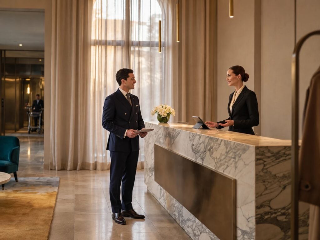 Un uomo in abito blu con un tablet parla con la receptionist al banco di marmo nella hall di un hotel di lusso
